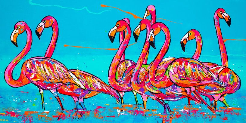 Gruppe von Flamingos im Wasser von Happy Paintings / Renata Rolefes