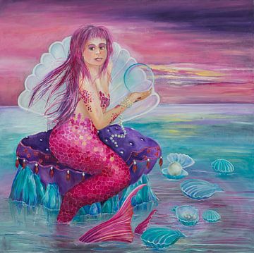Meerjungfrau in einer Muschel sitzend: Perle von Anne-Marie Somers