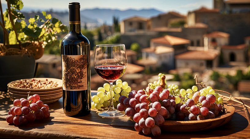 Bouteille de vin rouge sur une table en bois avec une grappe de raisin en Toscane par Animaflora PicsStock