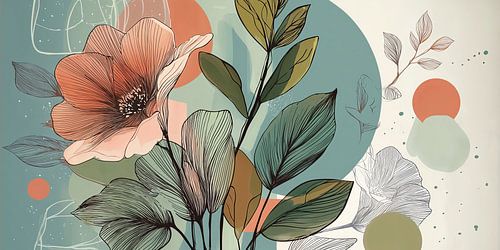 Botanische Illustration in Koralle und Petrol Nr. 1