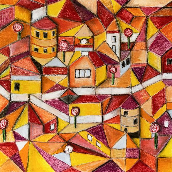 Dessin à la craie pastel de la ville en rouge et jaune par Marianne van der Zee