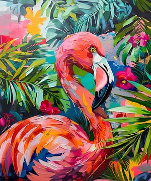 De kleurrijke flamingo in tropische tuin van Studio Nicolette