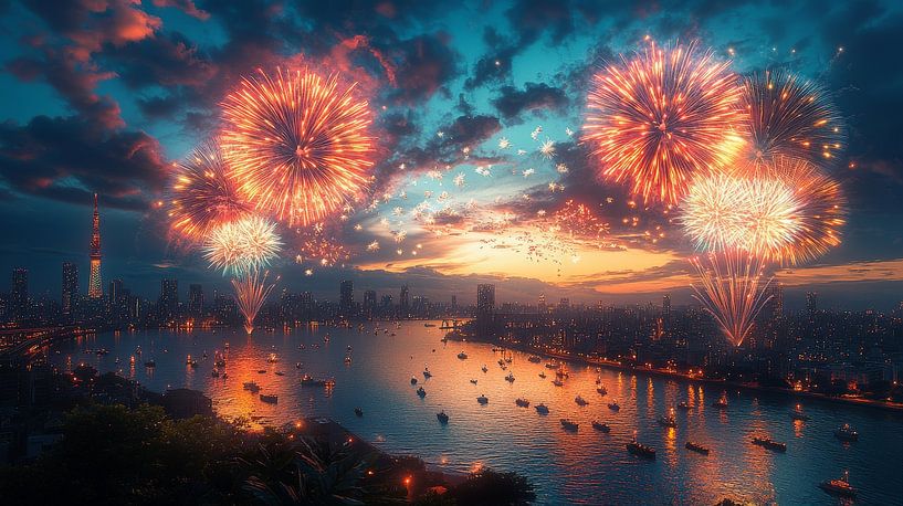 Feuerwerk über dem Stadtbild von Lufy