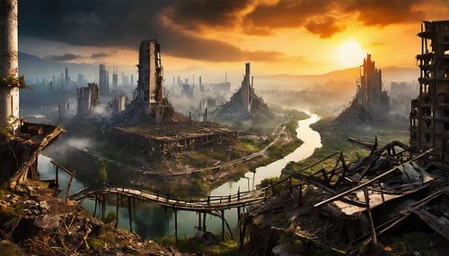 Post-apocalyptisch landschap met een verwoeste stad