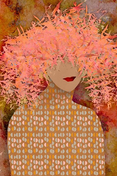 Portrait rétro d'une femme portant un chapeau à fleurs dans des tons chauds de rouge, orange, r par Dina Dankers