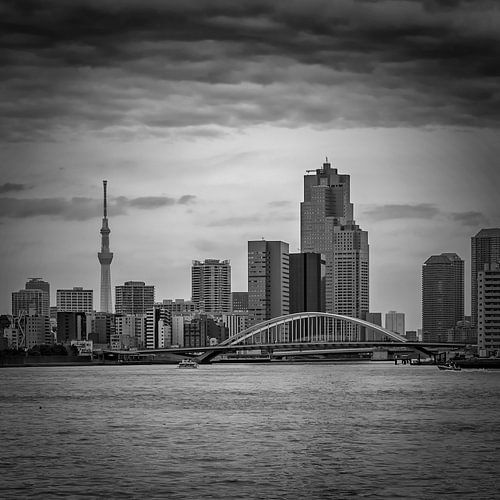 Tsukiji-Ohashi brug en Tokyo Skytree | monochroom
