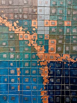 Grille industrielle abstraite : cuivre, bleu, vert et texture