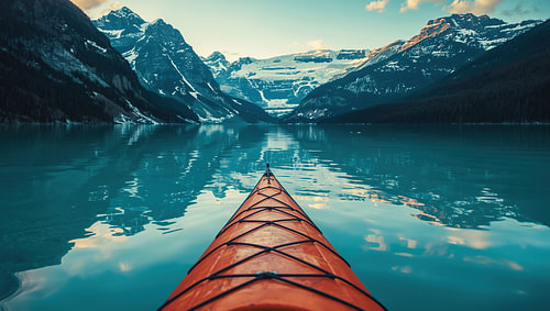 The bow of a kayak on a calm fjord