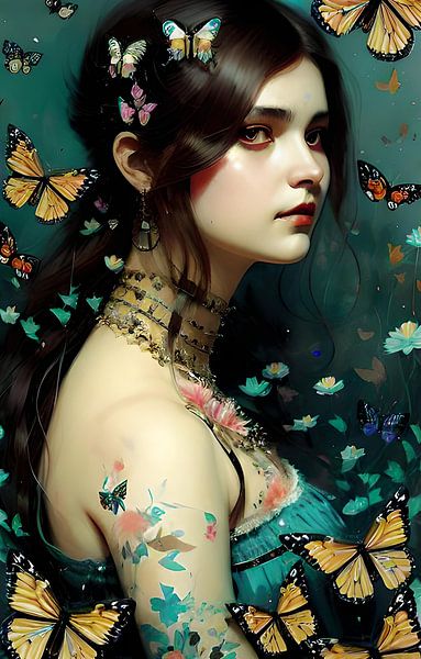 Woman with the butterflies 17th century by Gert-Jan Siesling