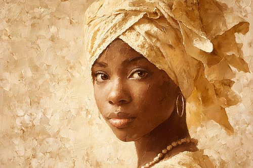 African woman in sepia, wearing a lavish headscarf