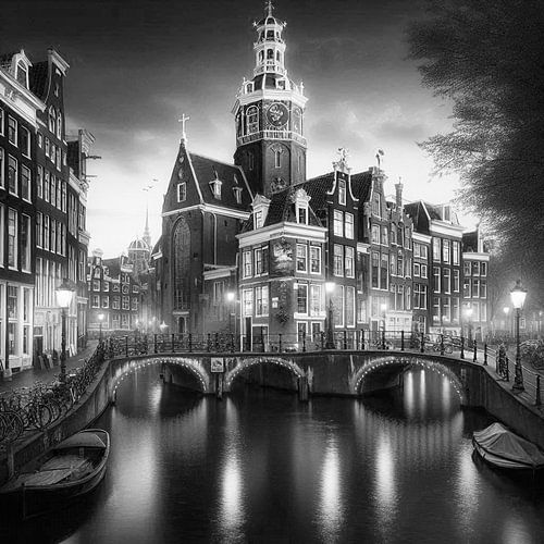 Amsterdam in de avond met de Zuiderkerk AI