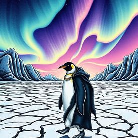 Pingouin sur la glace craquelée - Aurore boréale d'hiver sur MIROKKU