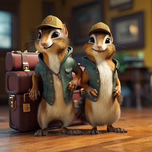 Humorous photorealistic illustration of two travelling ground squirrels