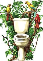 Toilet in de jungle met kleurrijke papegaaien