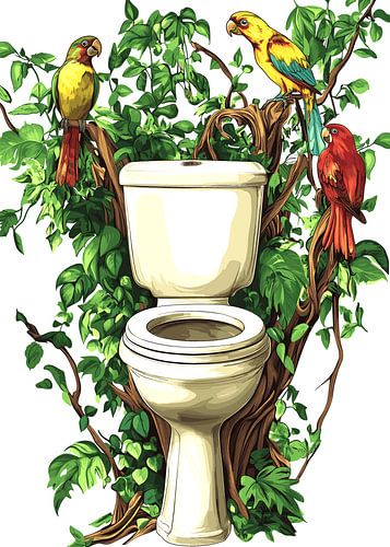 Toilet in de jungle met kleurrijke papegaaien