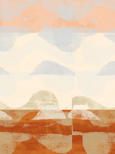 Minimalistisch abstract landschap in crème, zacht grijs en donker oker