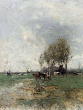 Cows in an open meadow landscape in front of a thatched farmhouse and a mill
