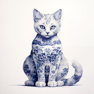 Zittende kat in Delfts Blauw van Lauri Creates