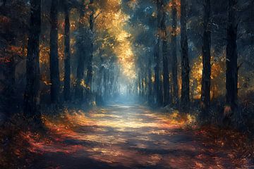 schilderij van een wandelpad tussen de bomen in het bos