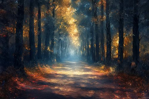 painting of a footpath among trees in the forest