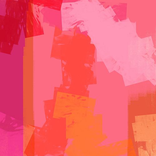 Kleurrijk abstract in roze, oranje, geel, rood.