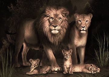 Löwenfamilie mit 3 Jungtieren von Bert Hooijer