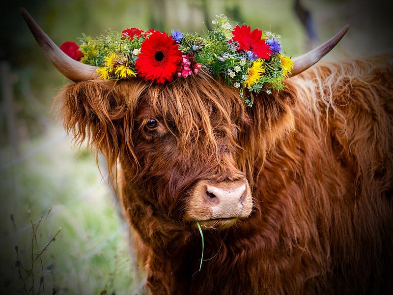 Hooglanders met kleurrijke bloemenkrans". van Hans-Bernd Lichtblau