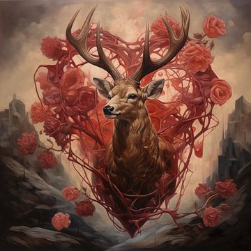 Stag in heart and roses by TheXclusive Art