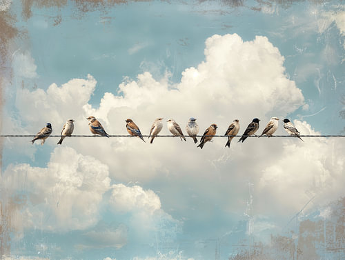 Vogels samen op draad