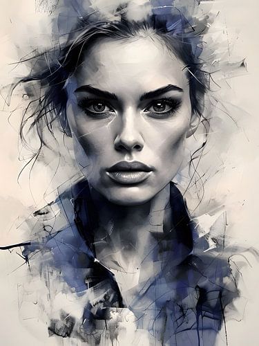 Portret van een vrouw in grijstinten acryl dat mysterie en kracht uitstraalt