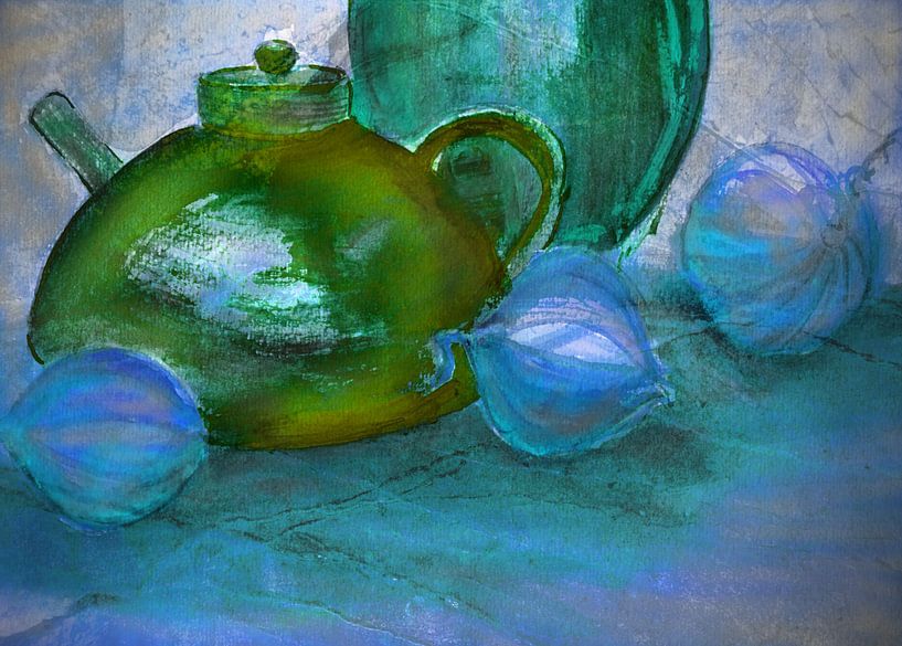 Krüge und Zwiebeln in Blau von Claudia Gründler