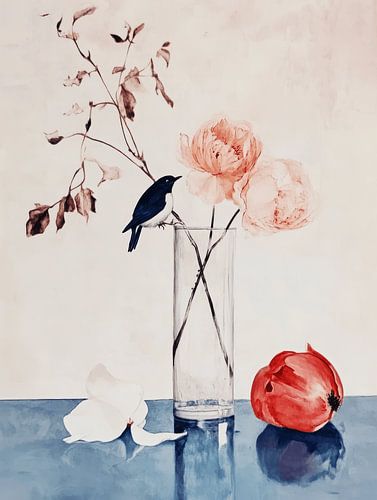 Stilleven met bloemen en een vogel