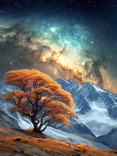 Kosmisch landschap met herfstboom