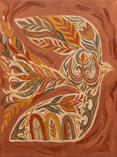 ein stilisierter Vogel im Flug, reich verziert mit botanischen Mustern, Blumenmotiven und erdigen Rostbraun-, Ocker- und Salbeigrün-Tönen. von HUGO