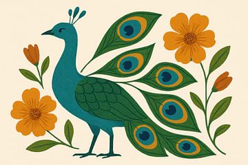 Graphic peacock and wildflowers by Art & Soul Creations