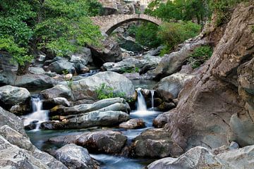 Een rivier in de kloof tussen twee bergen met een oude stenen brug