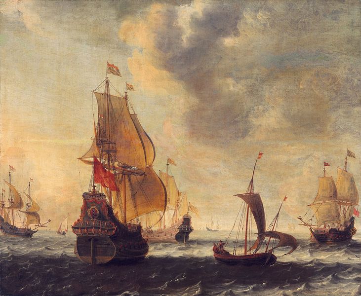 uit de omgeving van Jacob Adriaensz Bellevois, Nederlandse schepen in een levendige bries, rond de 1650s van Atelier Liesjes