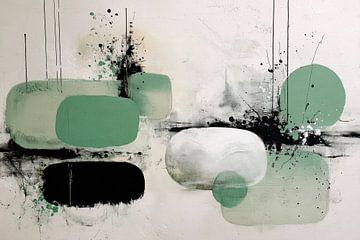 Balance in Motion - Geometrische abstrakte Malerei in Grün, Schwarz und Weiß