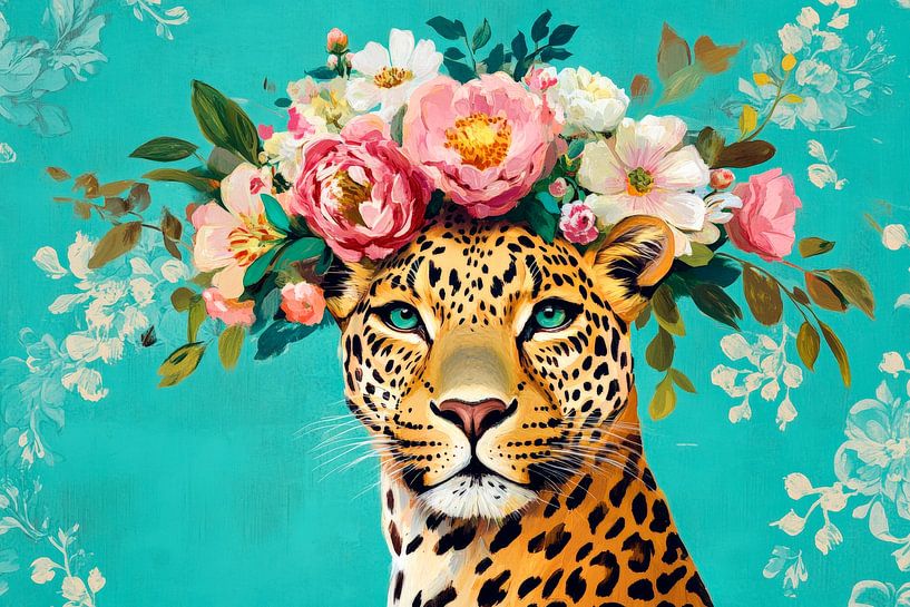 Portrait of a lion with a wreath of flowers by Poster Art Shop