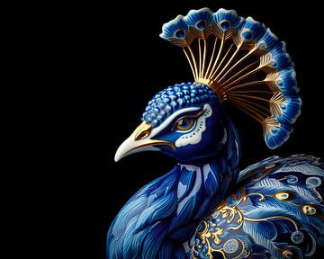 Delfts blauwe porseleinen pauw met goud versierd van John van den Heuvel