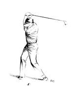 Sportillustration eines Golfspielers. Schwarze Acrylfarbe auf Papier