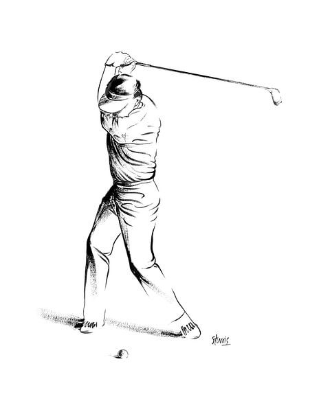 Sport illustratie van een golfspeler. Zwarte acrylverf op papier van Galerie Ringoot