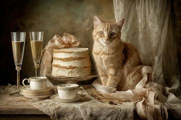 Chat avec gâteau et vaisselle - Peinture d'art romantique