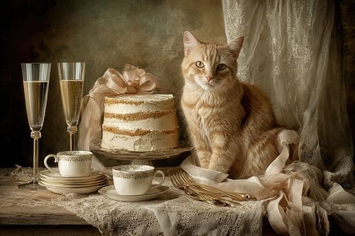 Kat met Taart en Servies - Romantisch Fine-Art Schilderij