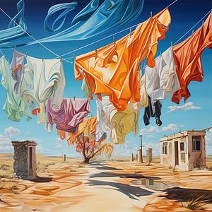 Landschaft surreal Wüste Ruinen Wäscheleine Hoffnung