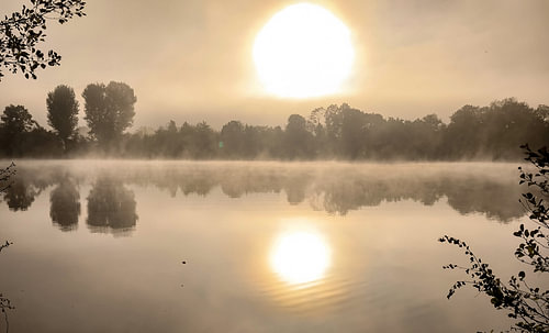 Misty Morning Sun Over Mirror Lake