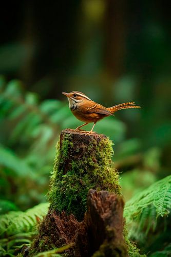 Oiseau sur une souche dans la forêt