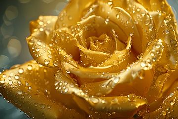 Gouden roos met waterdruppels op delicate bloemblaadjes van De Muurdecoratie