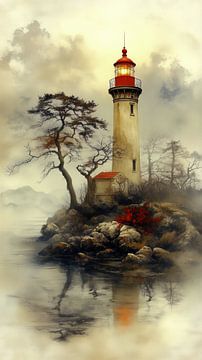 Vuurtoren in mystiek landschap van Preet Lambon