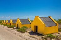 Rij met gele slavenhuisjes aan kust van het eiland Bonaire van Ben Schonewille thumbnail